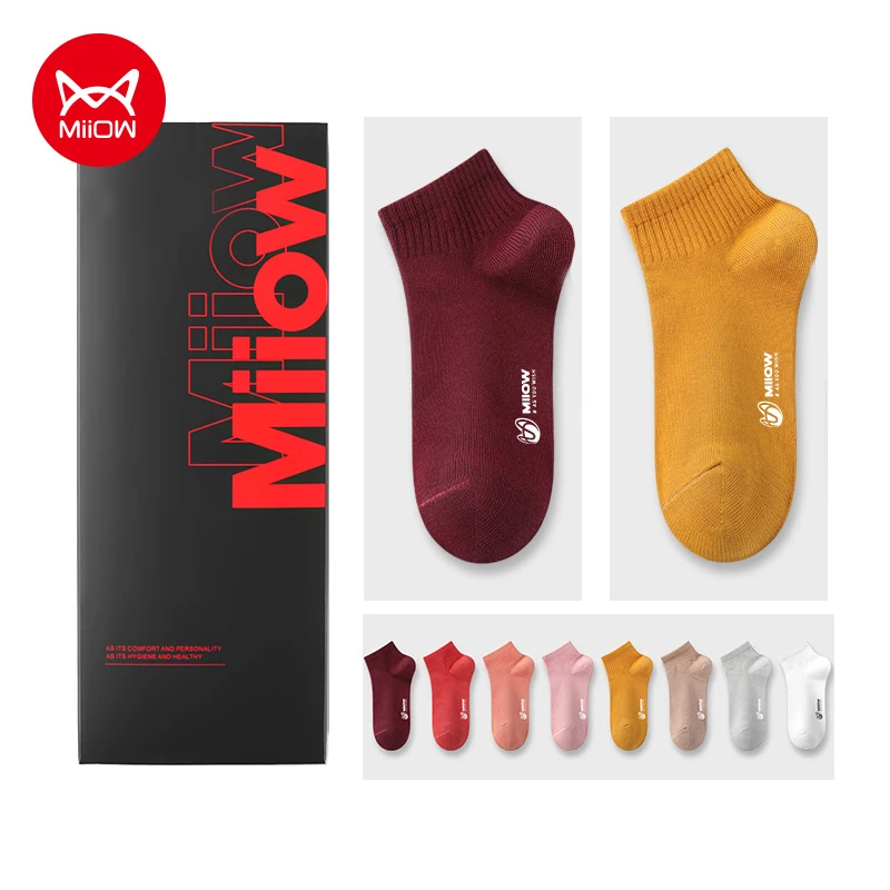 MIIOW-Calcetines cortos para mujer, calcetín tobillero de algodón antibacteriano, transpirable, de tubo bajo, Color liso, 5 pares