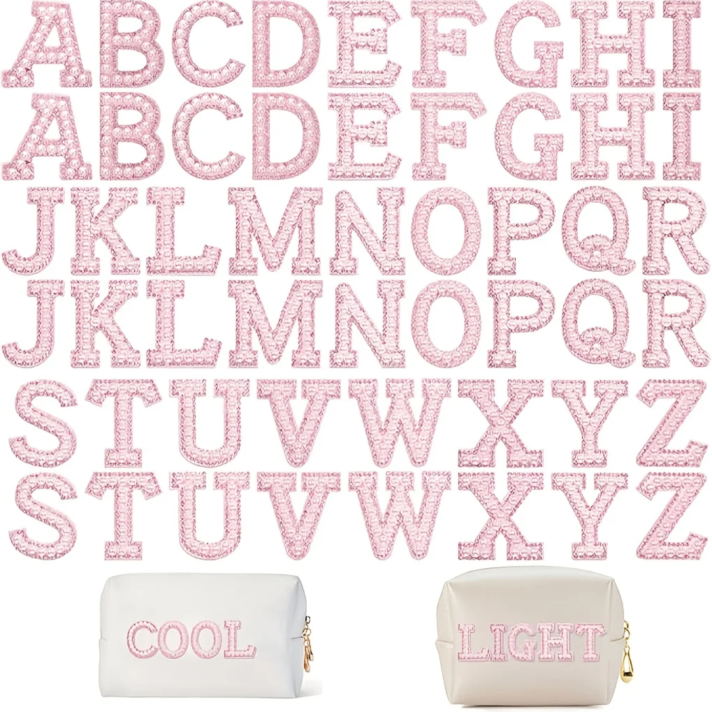 52 Pcs A-Z Pearl Letter Patches: White & Pink Glitter Alphabet Iron-On Sticker Set, for DIY Clothes, Backpacks, Hats&Phone Cases