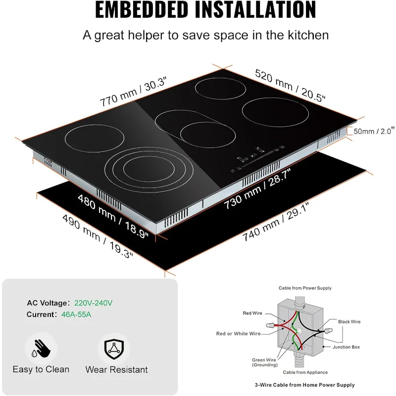 VEVOR 내장형 전기 스토브 상단, 30인치 5개 버너, 240V 센서 터치 제어 기능이 있는 세라믹 유리 복사 쿡탑