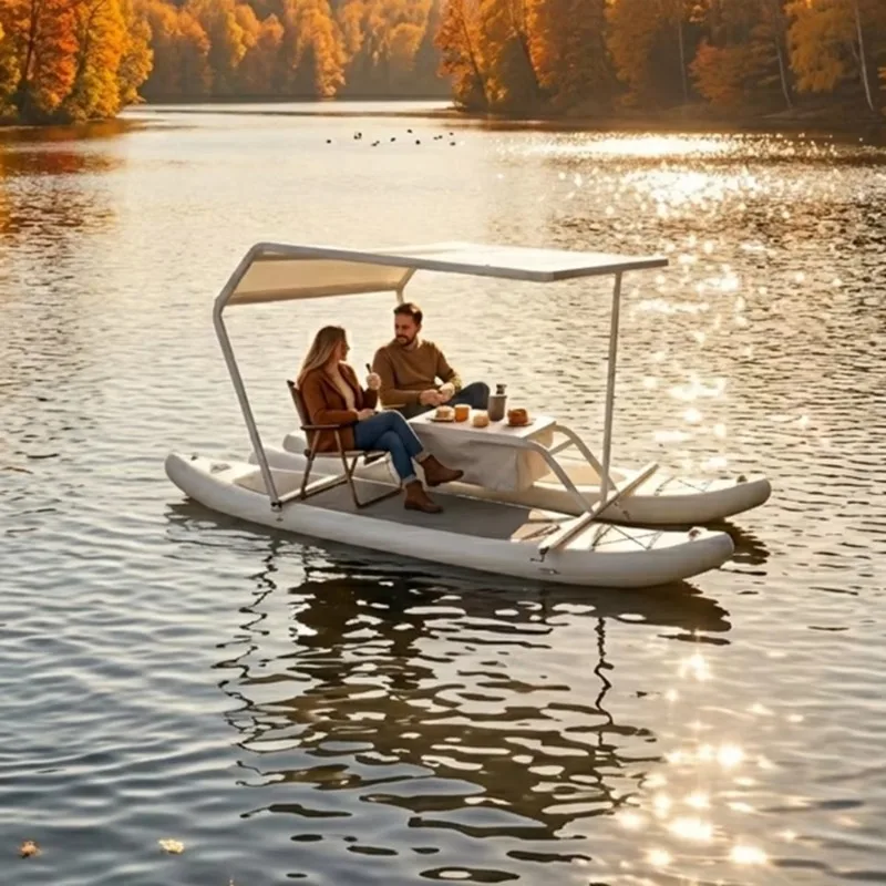 Catamaran Surf Fishing Pontoon Boat with Aluminum Frame Tent Canopy for Adults Friends Cruising