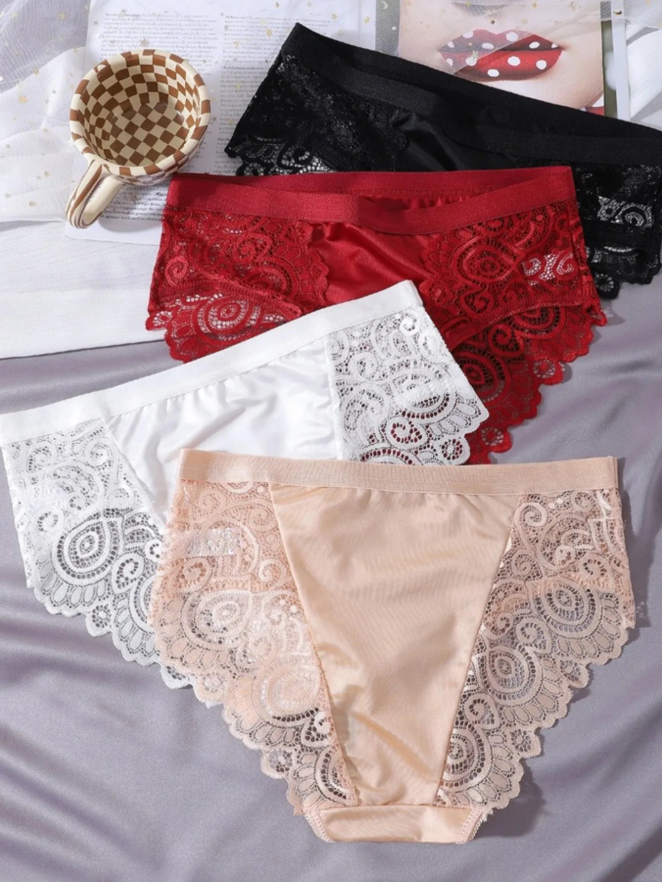 4PCS women's panties briefs lace stitching women's lace panties large size oily cloth briefs head women's lace panty