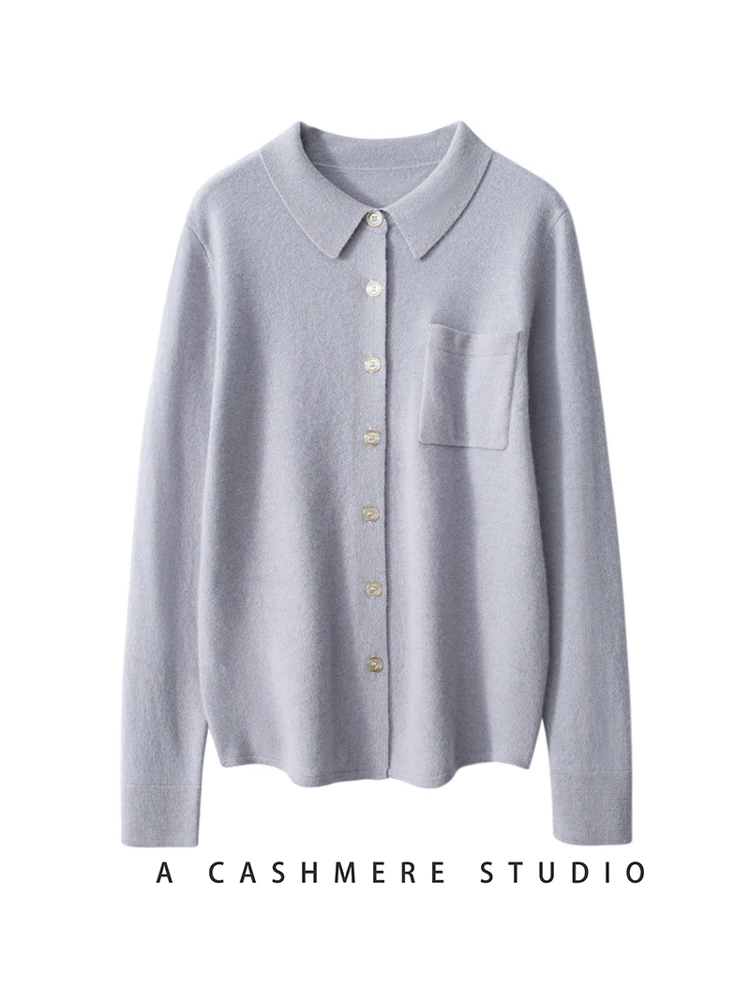 

Women Polo Collar Cashmere Sweater Cardigan T-shirt Style Autumn Winter Classic Pockets 100% Cashmere Knitwear Fit Clothing Tops