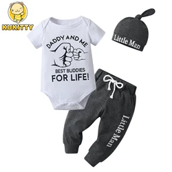 3PCS Newborn infant Baby Boy Summer Clothes Printed Short Sleeve Bodysuit Top and Long Pants with Hat Outfit Set for Boys Babies