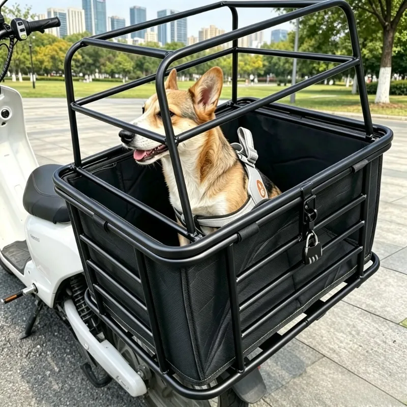 Electric Vehicle Rear Pet Basket Electric Bic Ycles Metal Storage Baskets with Lid Outdoor Large Pets Carrier Rack with Liner