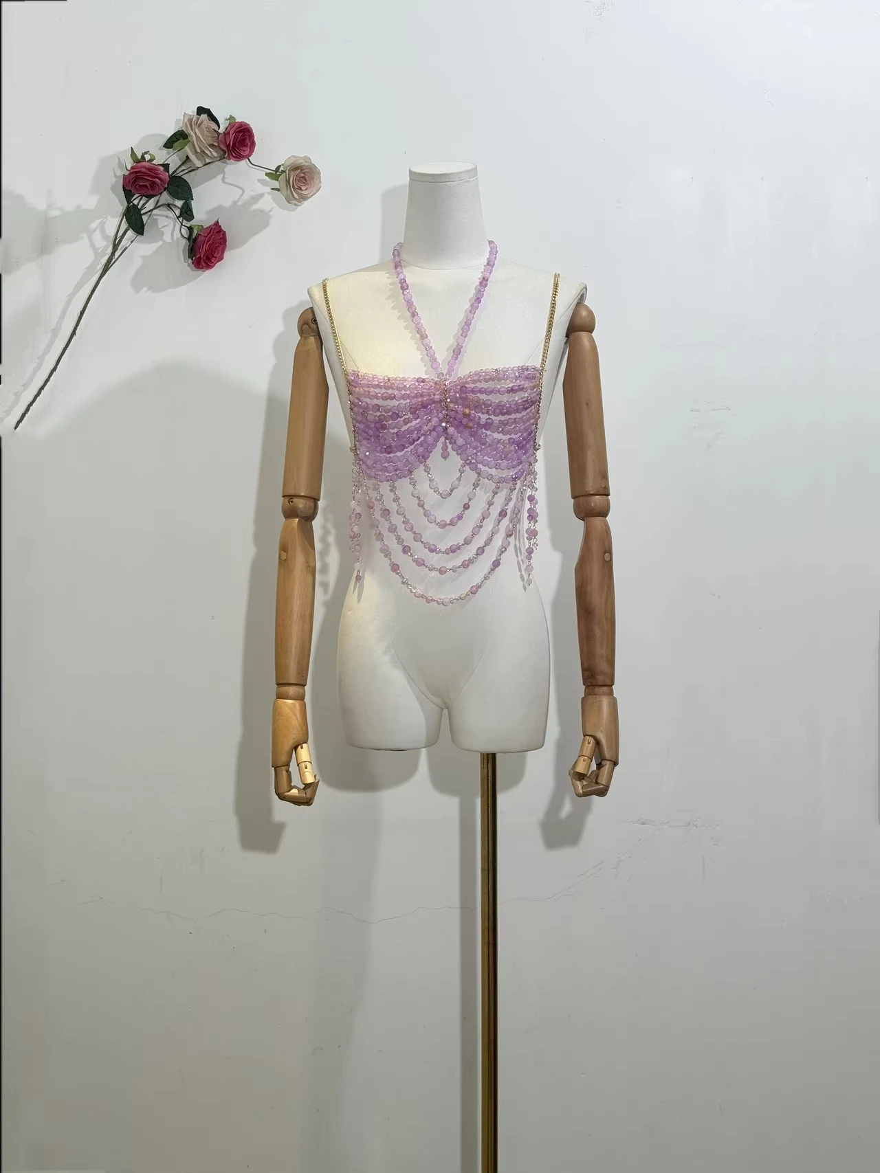 Sexy Women Handmade Body Chain Fashion Jewelry Bikini Bra Beaded Halter Romantic Tank Top Beahwear See Through Lingeie More Size