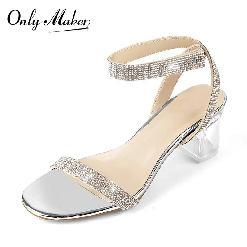

Onlymaker Women Peep Toe Rhinestone Strap Clear Block Chunky Sandals Transparent Perspex Chunky Heels Summer Sandals