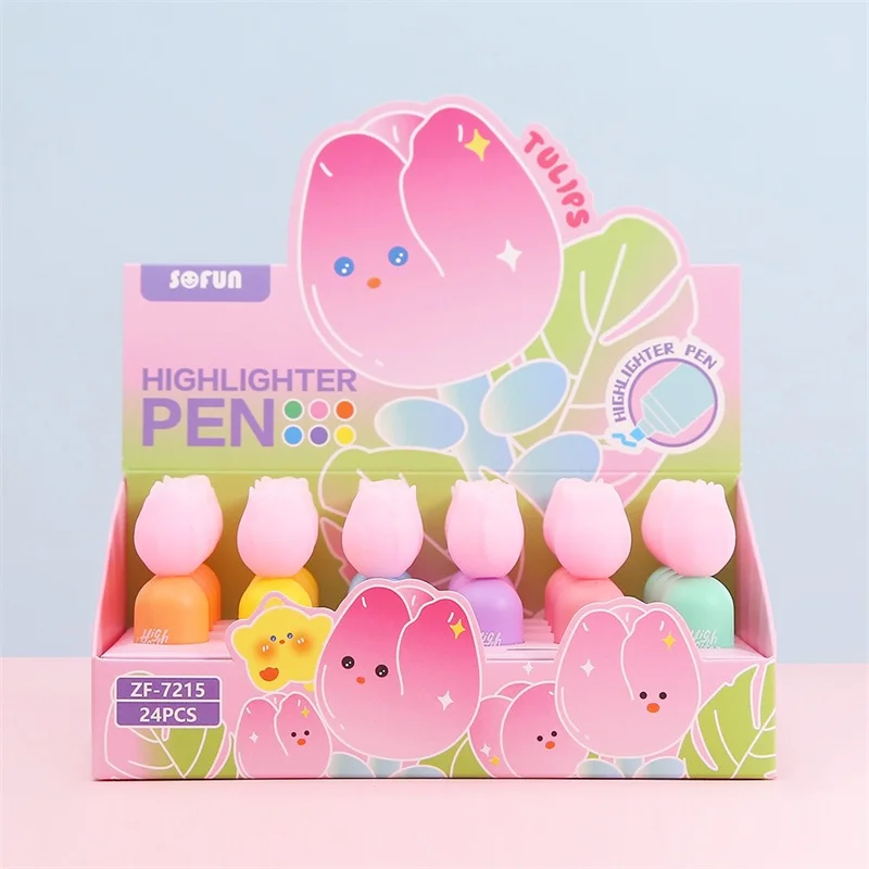 24 pcs/lot Kawaii Tulips 6 Colors Highlighter Cute Mini Drawing Marker Pens Promotional Gift Office School Supply wholesale