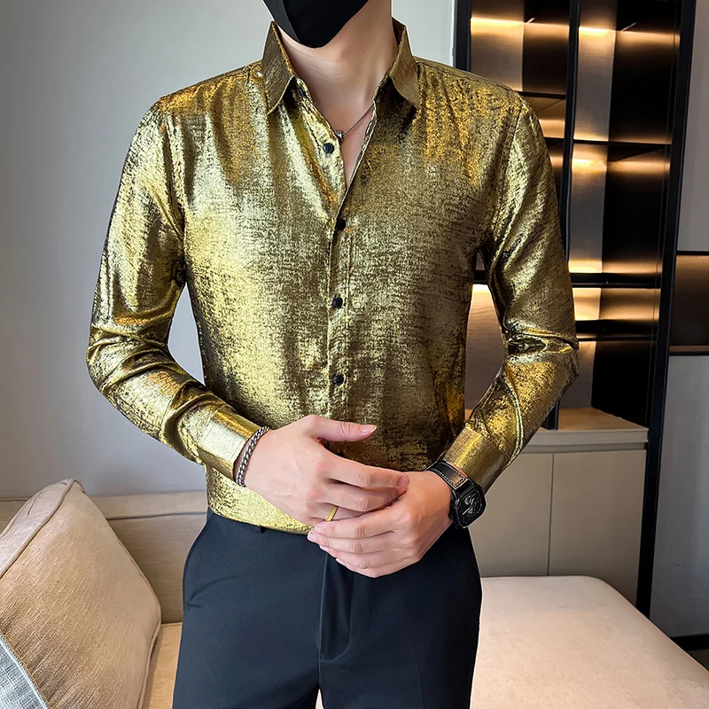 

Роскошные золотые рубашки для мужчин, новые однотонные мужские рубашки-рубашки с длинным рукавом, облегающие повседневные офисные блузки Homme, черный/серебристый