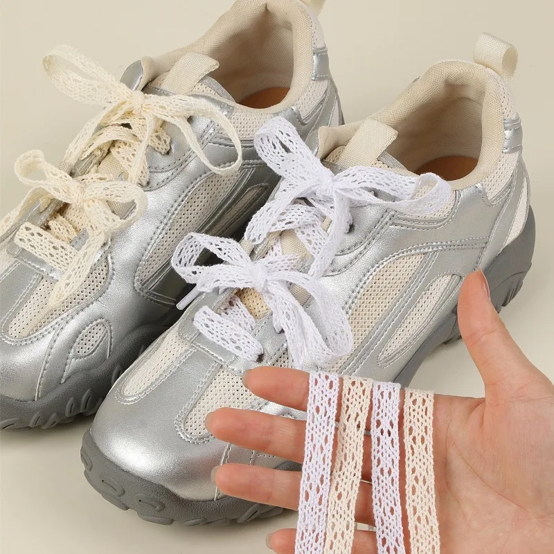 Lace Hollow Flat Shoelaces White Beige Ballet Style Replacement Laces for German Trainers Casual Sneakers