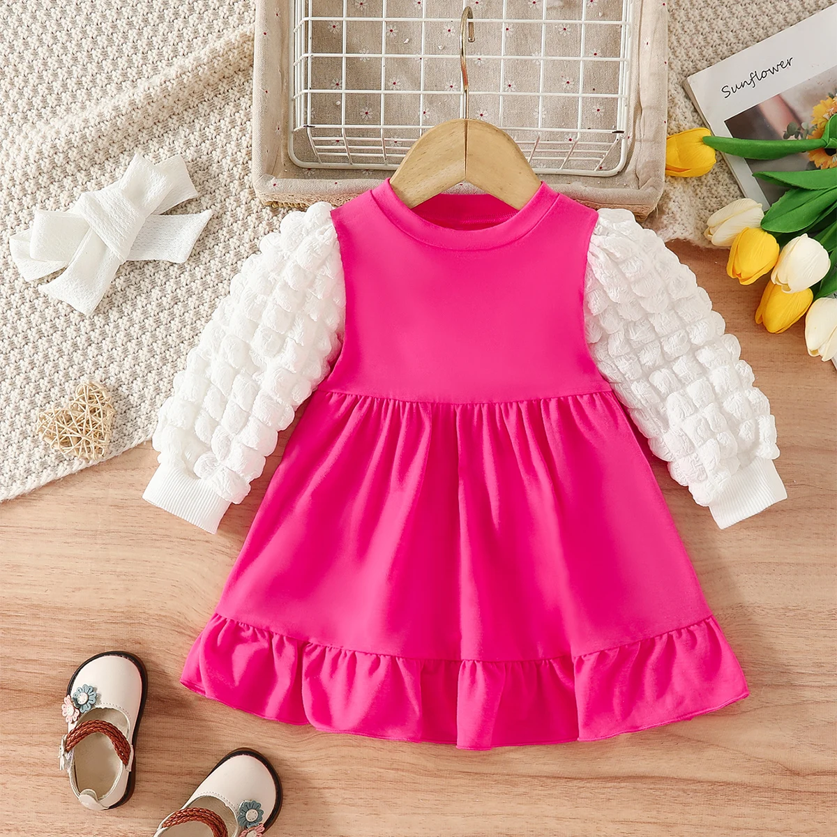 Baby girl Autumn Dress Round neck color Blocked Long sleeved Comfortable Dress for 0-24 Months Cute Baby girl Casual Dress