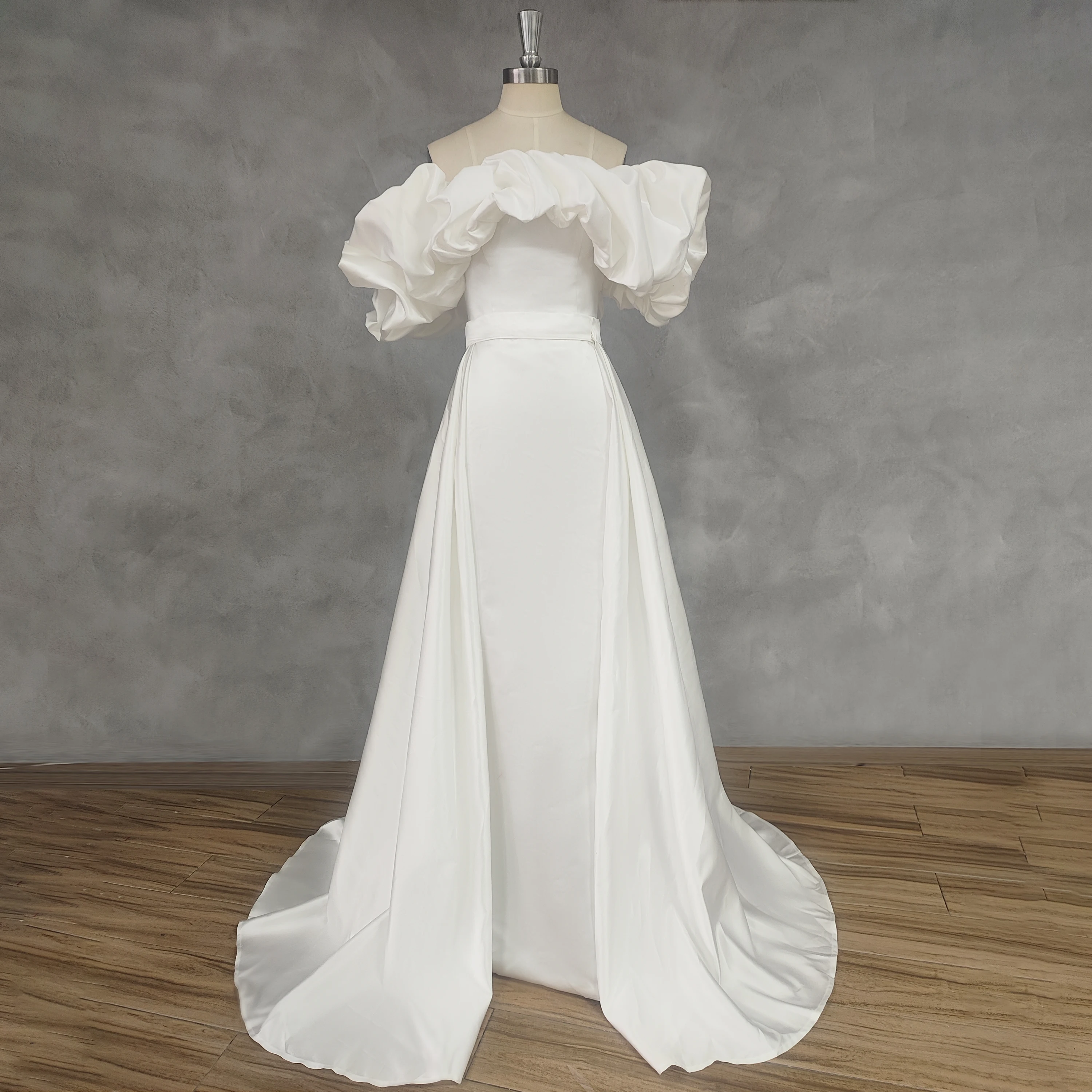 DIDEYTTAWL Real Picture Simple Off-ShoulderA-Line Wedding Dress Zipper Back Satin Detachable Sweep Train Bridal Gown