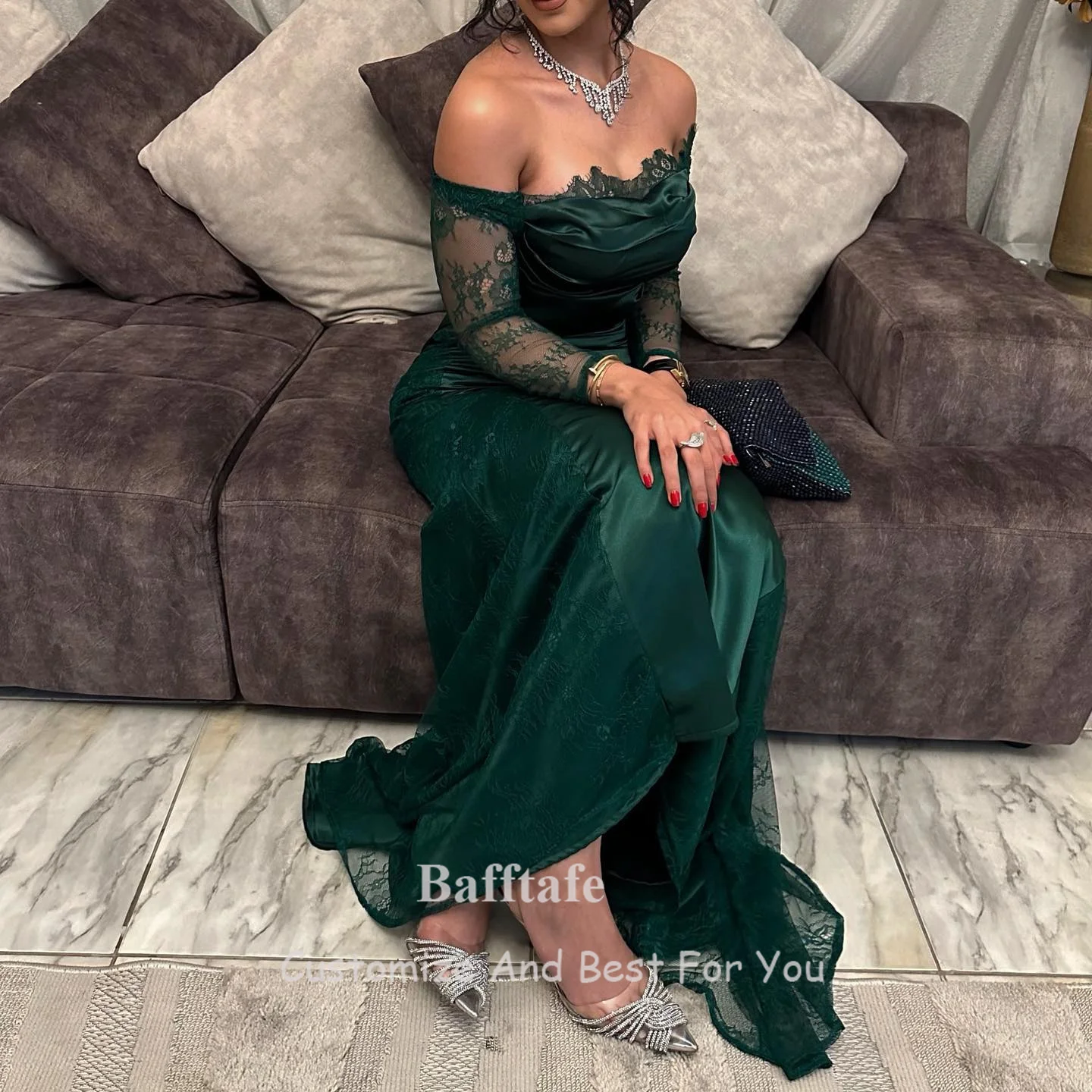 Bafftafe Green Sheath Satin Lace Women Prom Dresses Long Sleeves Formal Party Dress Special Occasion Evening Gowns Customized