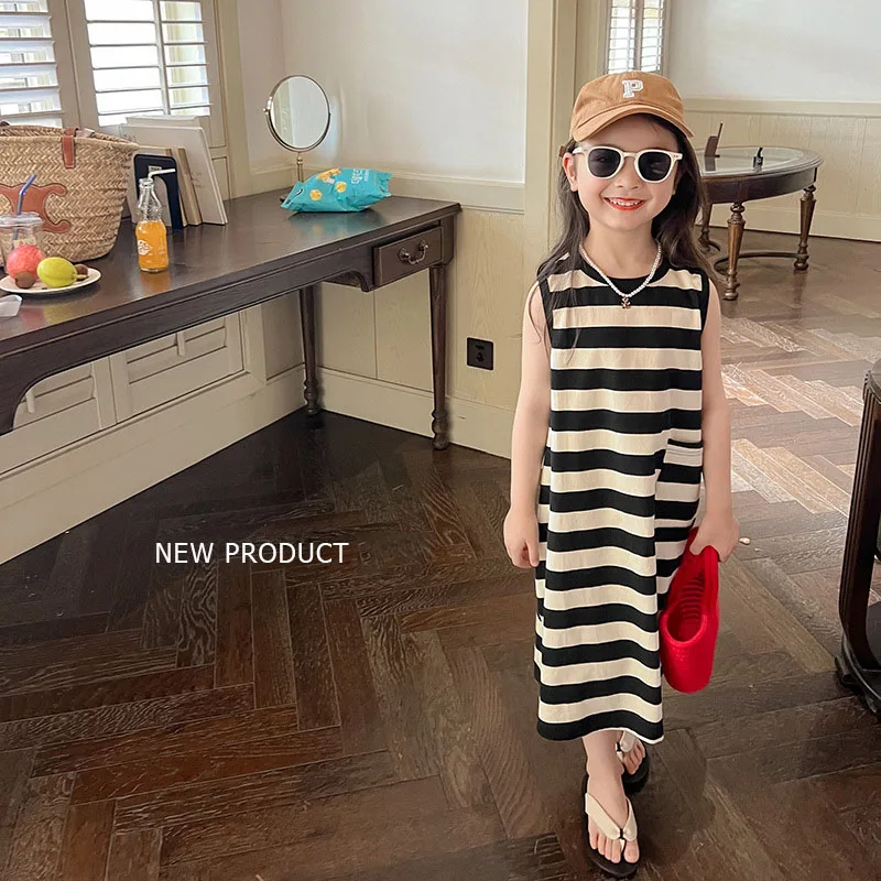 Fashion Stiped Girls Dress Korea Girls Casual Sleeveless Dress Summer Kids Casual Dresses