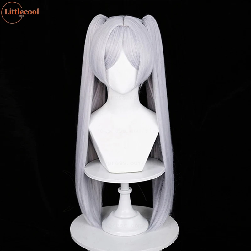 High Quality Anime Frieren Cosplay Wig Long Silver With Two Clip Ponytails Heat Resistant Synthetic Hair Wigs + Wig Cap image 2