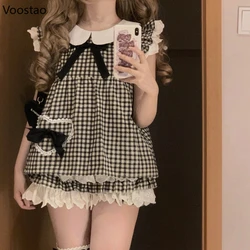 Kawaii Lolita Style Sweet 2 Piece Set Woman Cute Peter Pan Collar Plaid Blouse Tops Y2k Mini Skirts Female Korean Fashion Suit