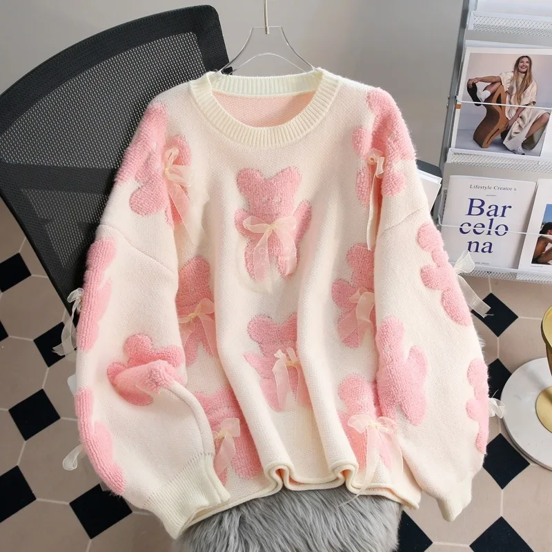 Women Sweet  Pink  Flocking  Bear  Bow  Knit  Sweater Loose O‑Neck Long Sleeve Pullover Kawaii Korean Fall Winter Tops