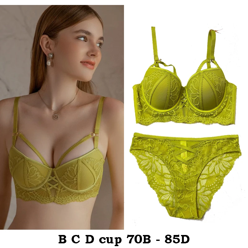 

high quality sexy women bras and brief set push up B C D cup lace comfortable wire summer lingerie underwear green orange black