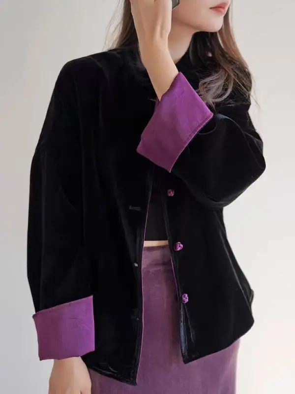 

New Chinese Sle Velvet Jaet Women's Loose Slimming Retro Button Stand Collar Top Color Blo Design Autumn Winter Faion