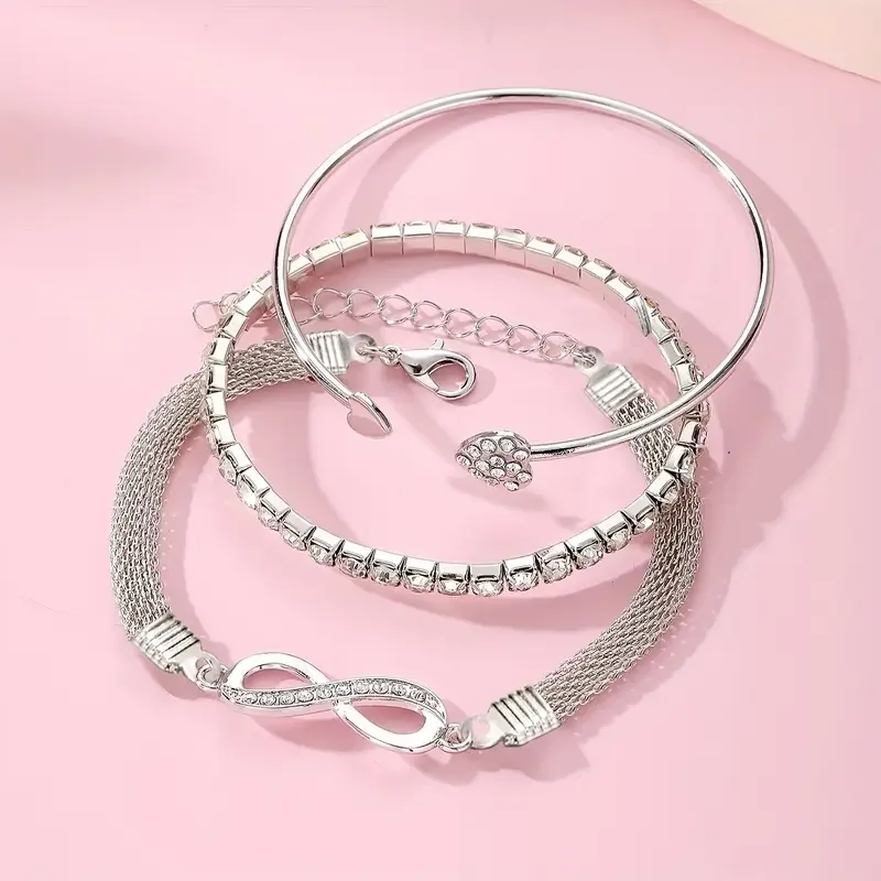3pcs/Set Vintage Crystal Rhinestone Heart Bracelets for Women Fashion Geometric Adjustable Infinity Cuff Bangle Jewelry Gifts image 5