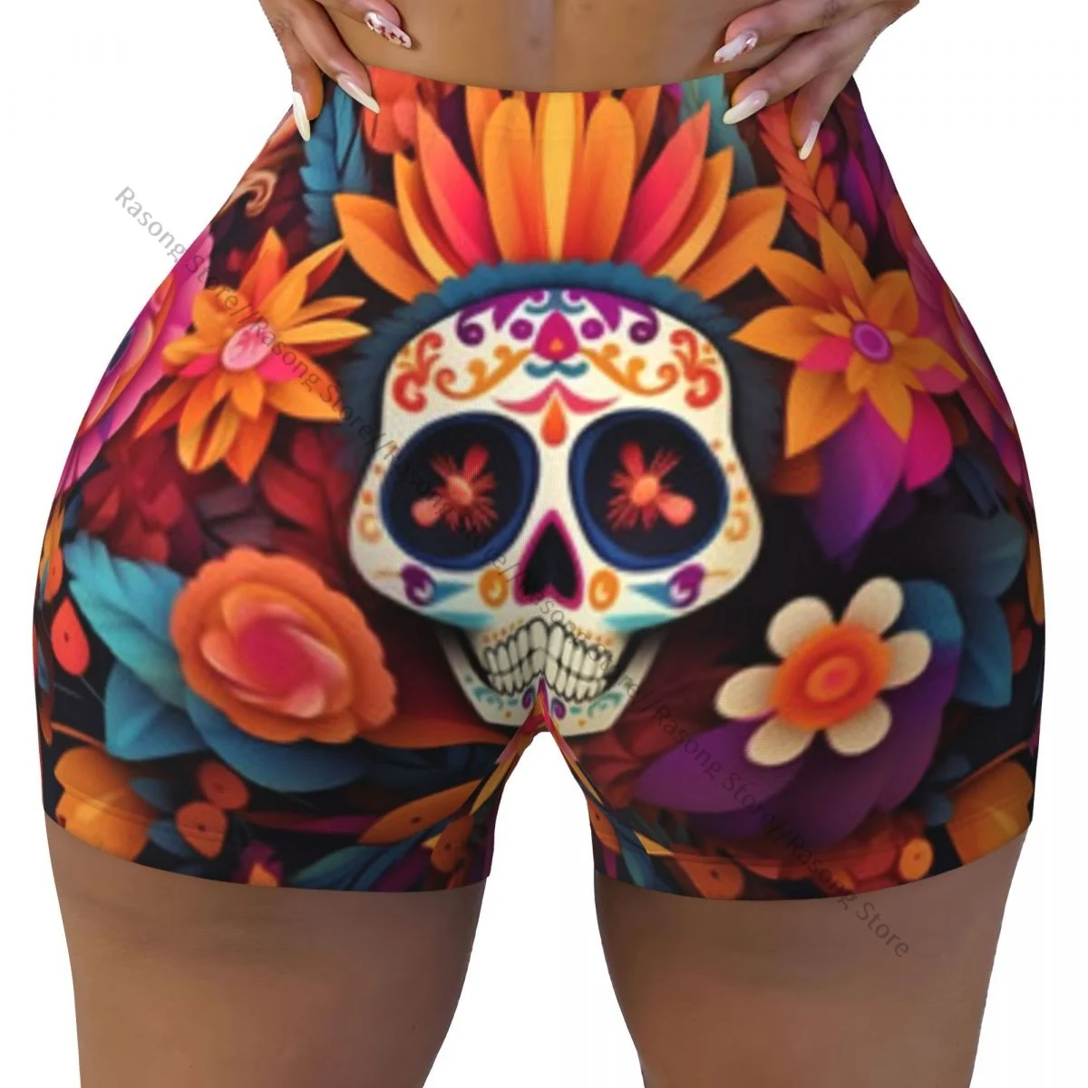 Spandex Yoga Shorts for Women Day Of The Dead Sugar Skull Workout Booty Shorts