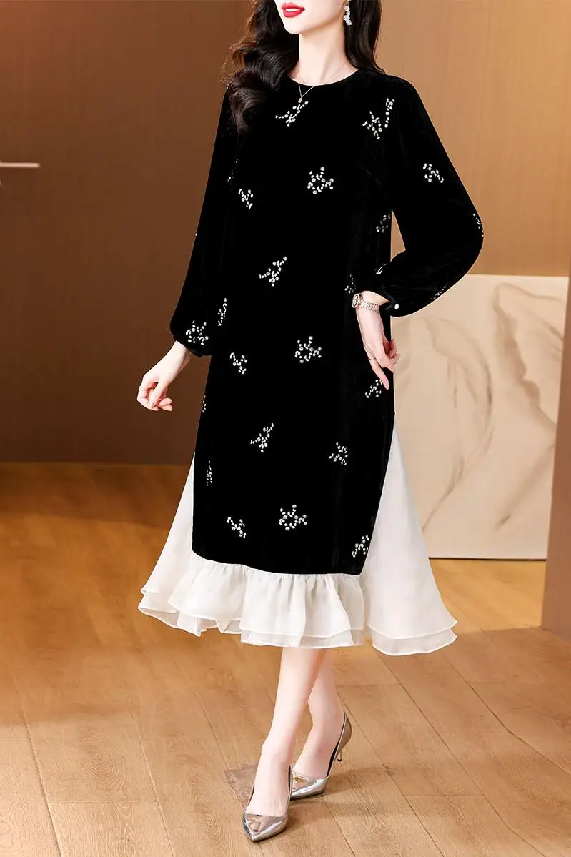 2024 Black Velvet Patchwork Pearl Mesh Long Sleeve Dress Autumn Winter Luxury Party Vestidos Women Korean Vintage Hepburn Dress