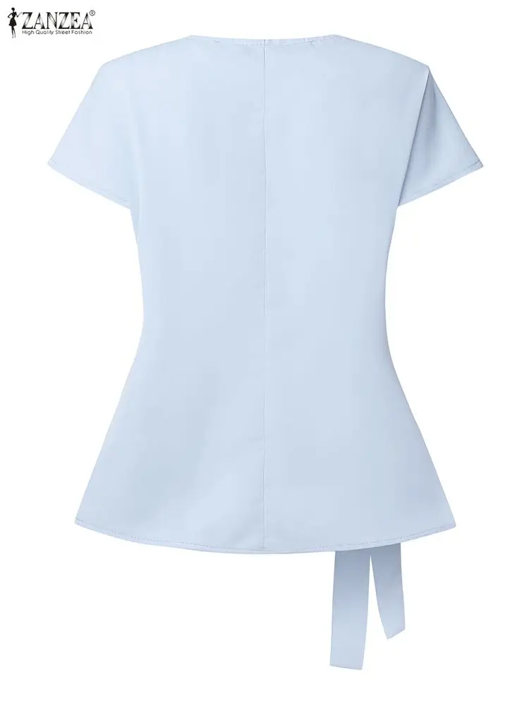 2026 ZANZEA été Blouse bureau haut pour femme élégant solide OL Chemise de travail décontracté col rond manches courtes Blusas à lacets Chemise Mujer