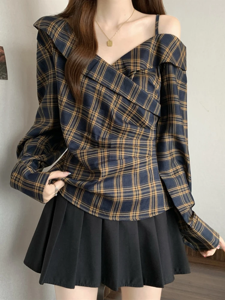 

Oversized Fashion Design Blouses Plaid V Neck Off Shoulder Long Sleeve Pleated Shirts Female Slim Tops Elegant Women's Clothing