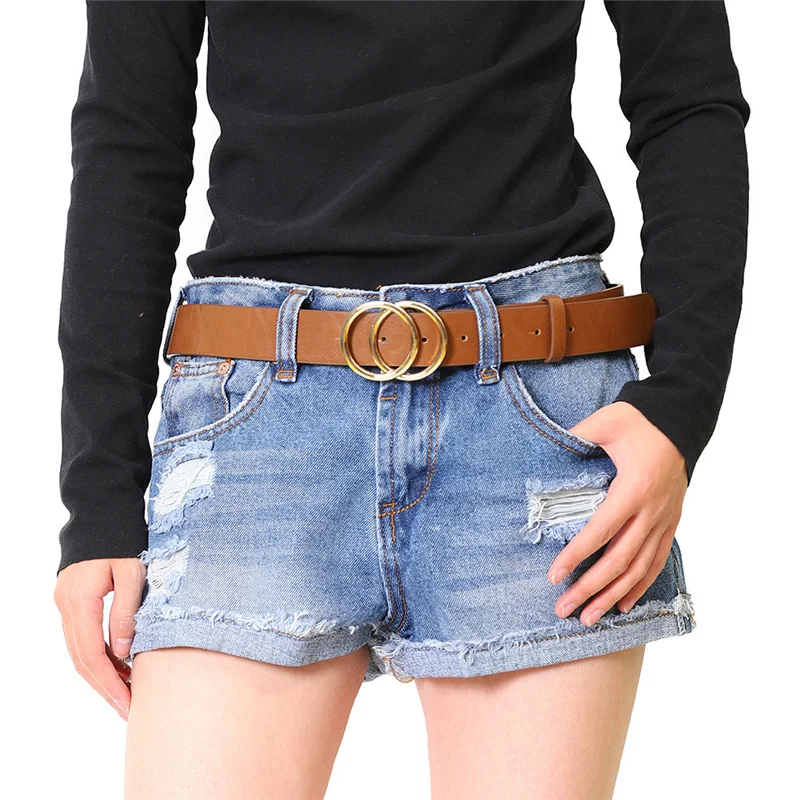 

Double Metal Ring Waistband Women Belt New Fashion Simple PU Leather Metal Buckle Heart Pin Belts For Ladies Leisure Jeans Wild