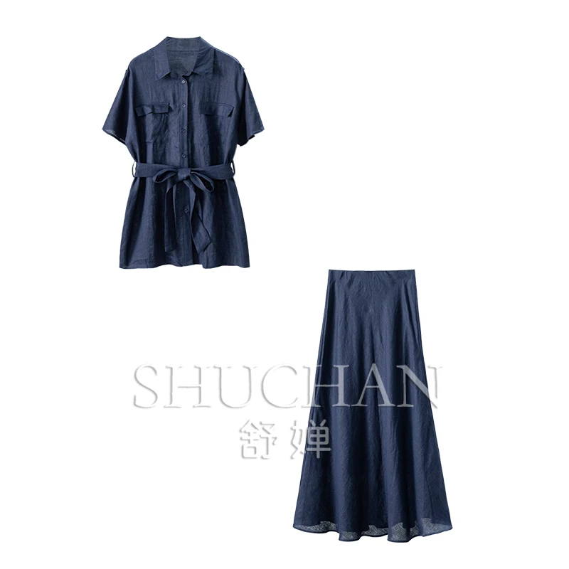 

Retro Old Money, French G Temperament Commuting 100 Linen Waist Shirt + Skirt Suit Women 2Y44