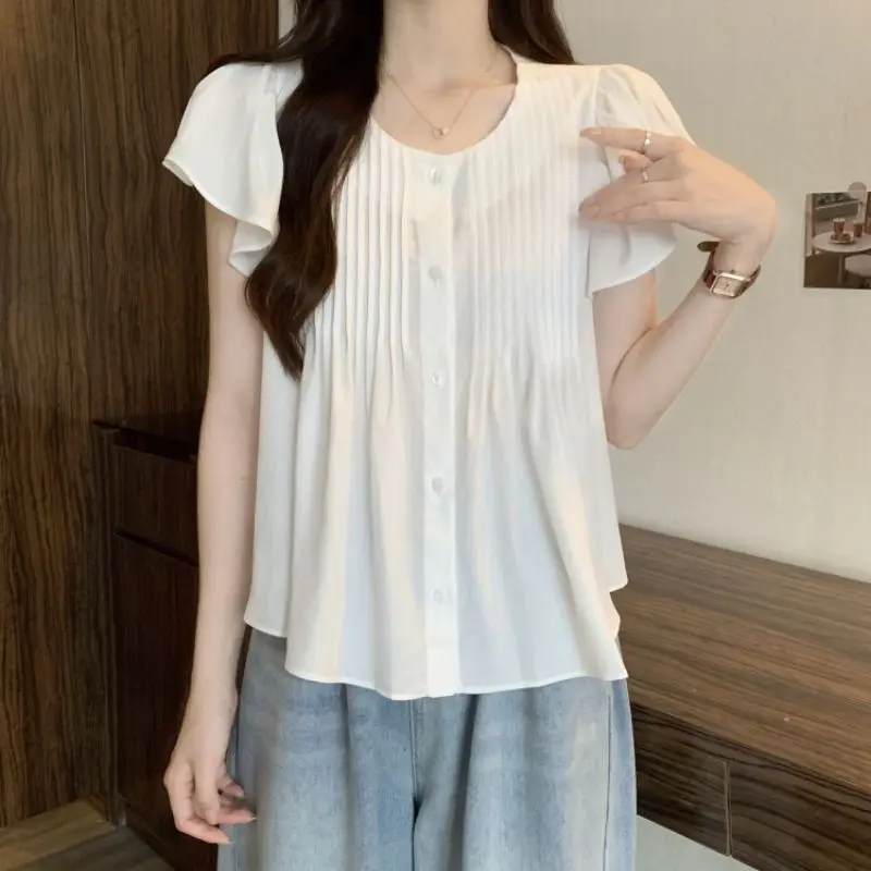 Fashion O-Neck Folds Butterfly Sleeve T-Shirt Female Clothing 2024 Summer New Loose All-match Tops Sweet Solid Color Tee Shirt