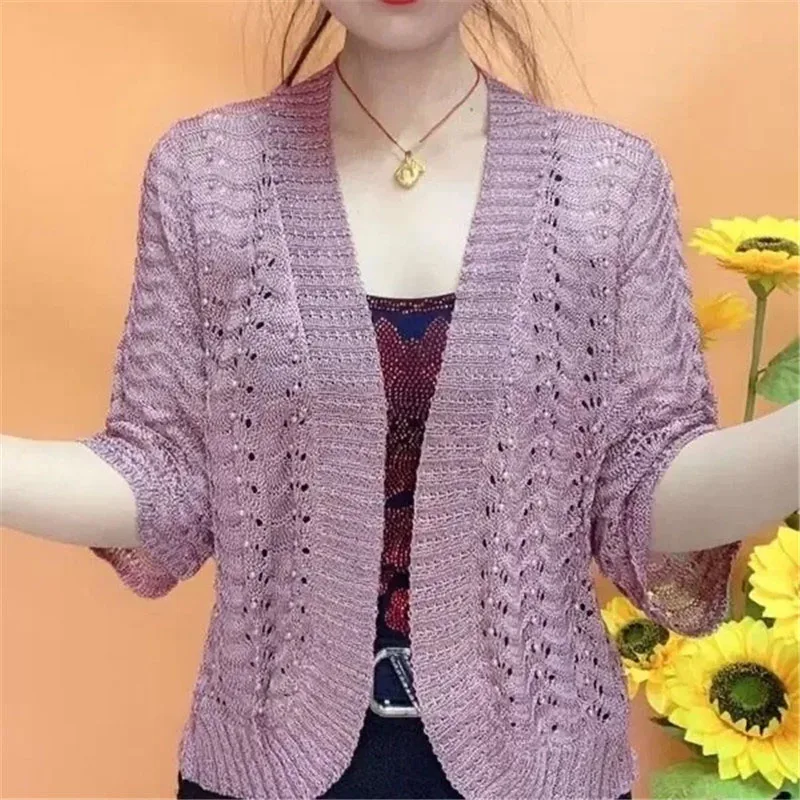 Summer Ice Silk Knitted Sunscreen Coat 2023 New Loose Fashion Cardigan Tops Solid Color Shawl Hollow Round Neck Coats Female