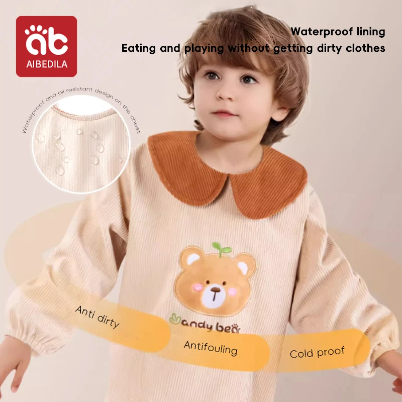 AIBEDILA-delantal de manga larga impermeable para niños, Baberos de alimentación de pana cálidos de invierno, Pinafore con bolsillo para recién nacido