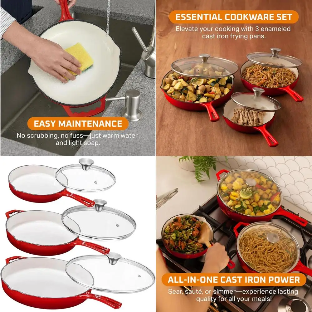 

Triple Set Enameled Cast Iron Skillets: 8, 10, & 12 Inch Nonstick Ceramic Coated Pans with Tempered Glass Lids for Frying, Bakin