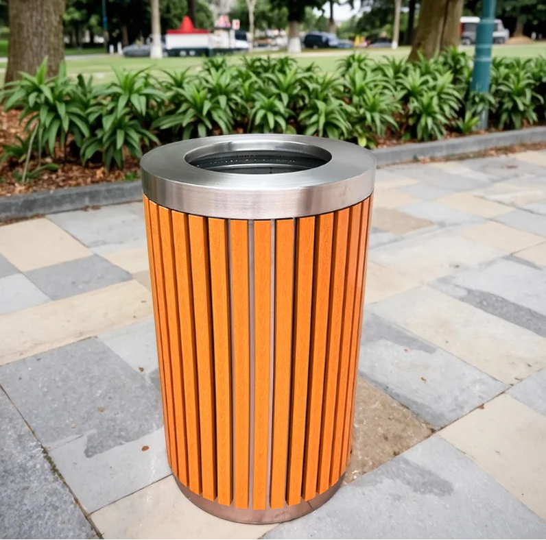 Rust-Proof Outdoor Dustbin WPC Vertical Panels Metal Stainless Steel Rim Round Bins Public Trash Can Without Lid Waste Container