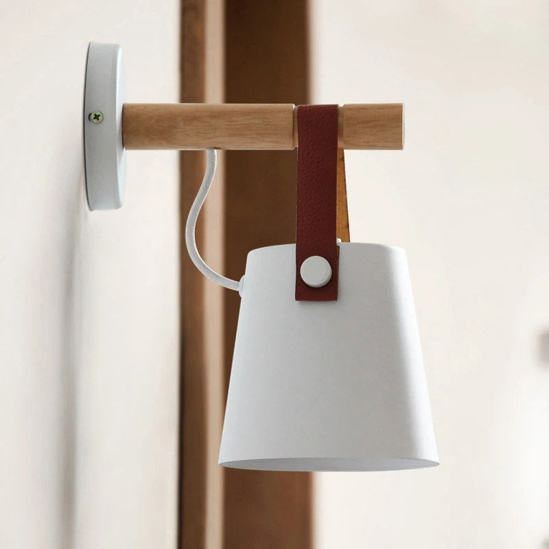 LED Bedside Wall Lamp Nordic Wood Leather Belt Hanging Sconces For Bedroom Study Living Room Modern Home Indoor Decorative Light