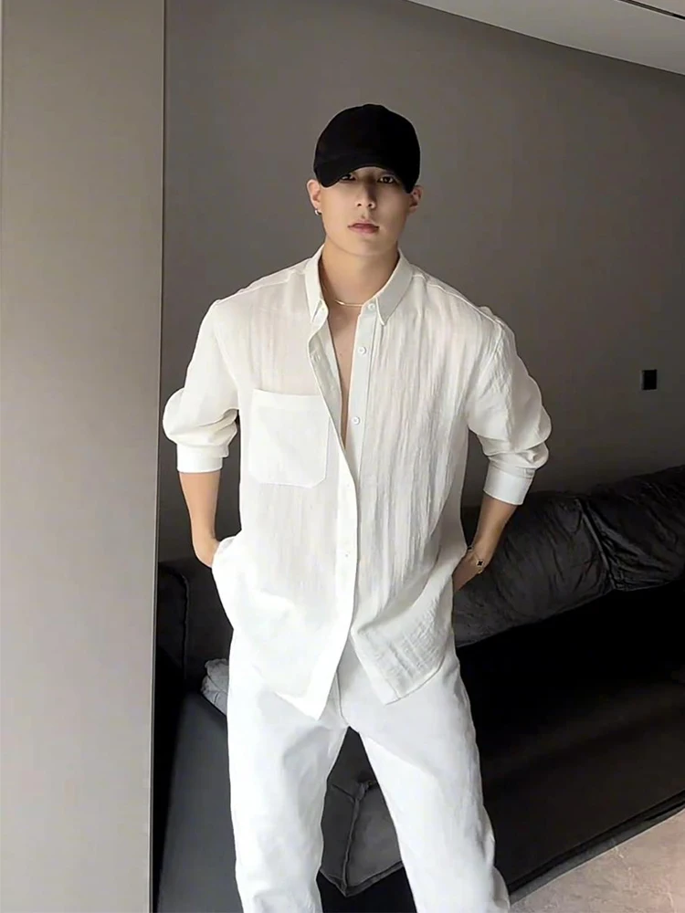 

Pure White Cotton Linen Men's Long Sve irt Thin Summer Faionable Haome High-End Maturi Steady Outerwear Coat