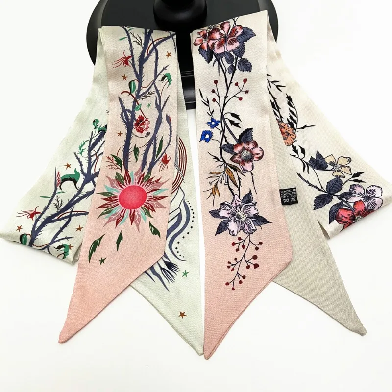 

Новая универсальная лента с цветочным принтом для женщин: длинная лента для сумок, маленький шарф, многофункциональная декоративная лента, хиджаб для женщин