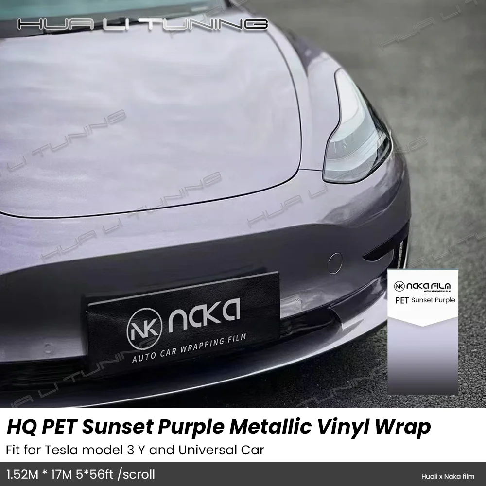 For Tesla Model 3 Y etc. Sunset Purple Metallic Vinyl Wrap LowTack Glue 1.52*17M/Roll 5x56ft Air Bubble Free HQ PET Auto Film