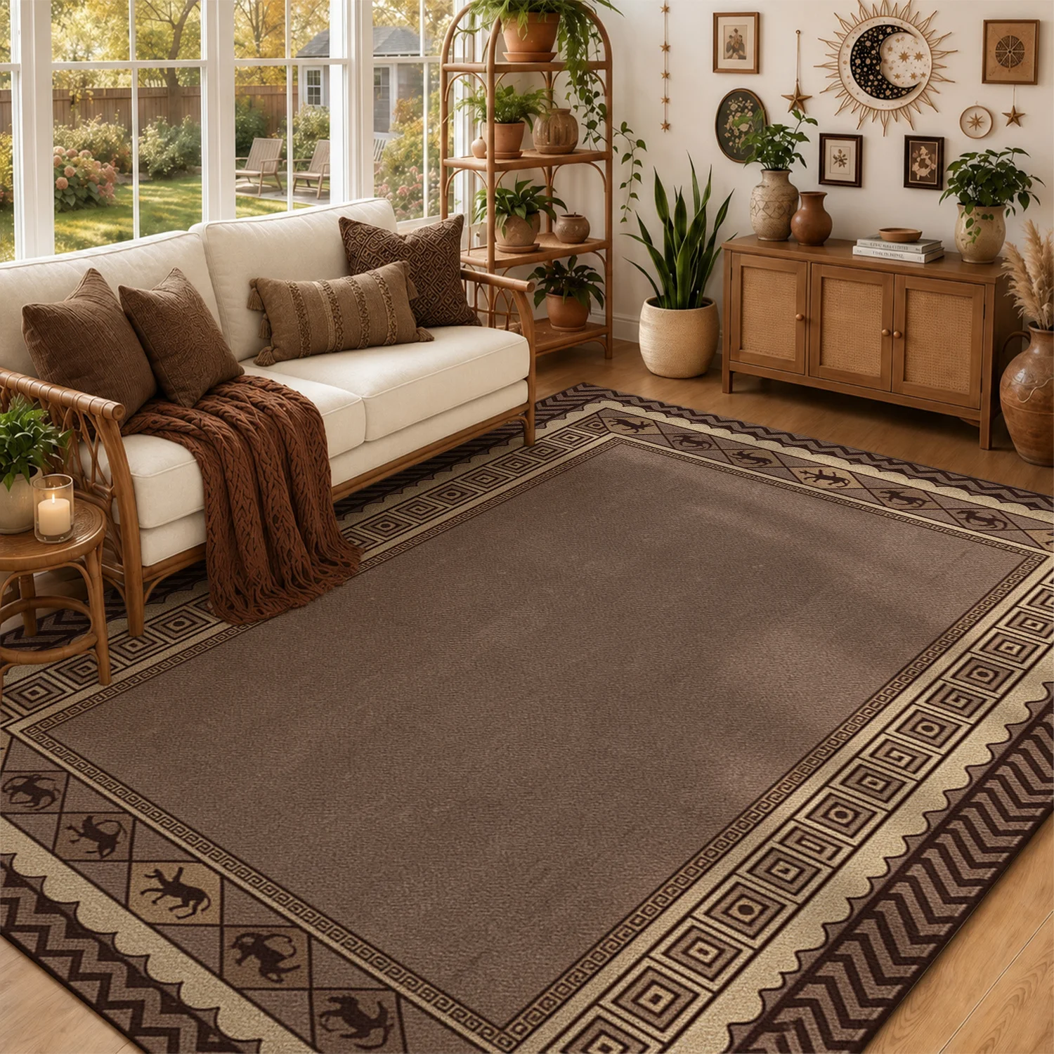 Geometric Animal Silhouette Greek Key Chevron Border Area Rug, Velvet Fabric, Machine Washable, Stable Placement, Suitable for Living Room, Bedroom, Dining Area, Entryway, Ideal for Halloween, Thanksgiving, Christmas, New Year Holiday Home Decor