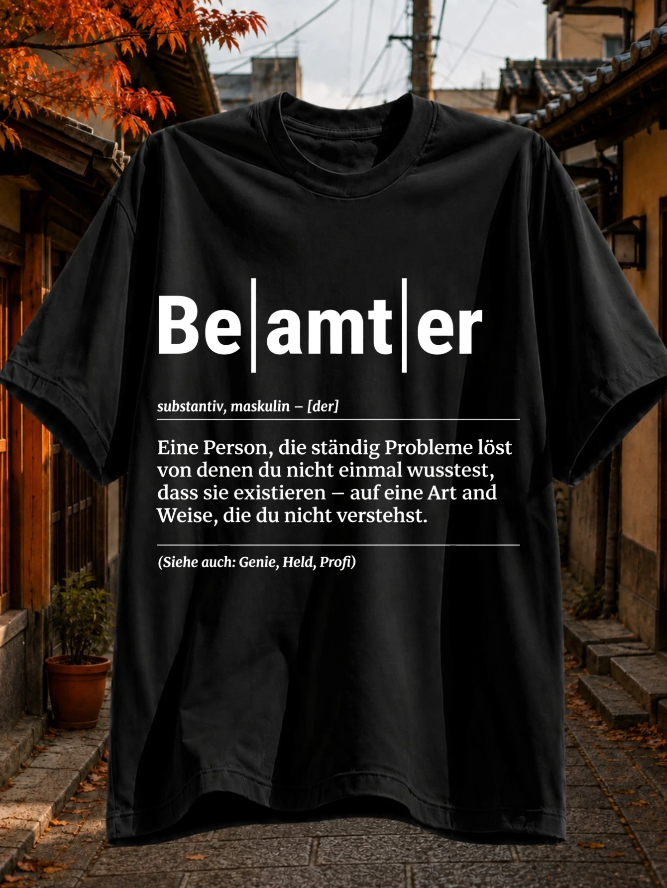 Beamter Texte en Allemand avec Disposition Dictionnaire, Résolveur de Problèmes Genius Hero Profi Humor, T-Shirt Noir avec Typographie Blanche Minimaliste