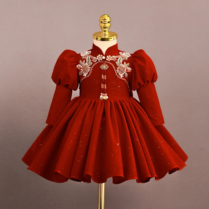 New Girls Elegant Evening Princess Ball Gown Children Fashion Beaded Bow Design Long Sleeve Birthday Wedding Dress