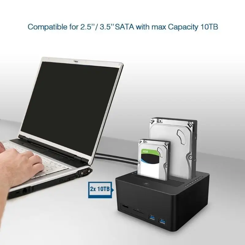 R53C Double Bay Hard Drive Docking Station High Capacity for 2.5 & 3.5Inch Drives USB3.0 Adapter Dock and Offline Cloning