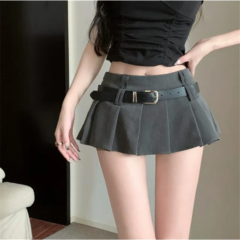 

Sexy Y2K Spicy Girl Hot Summer Fashion Mini Skirt High Waist Empire Belt Pleated A Line Skirt Small Girl Black Grey Short Bottom