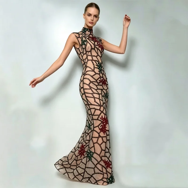 Women Sexy Slim Sleeveless Long Dress Colorful Rhinestones Transparent Evening Gown Perfect Prom Birthday Catwalk Stage Wear