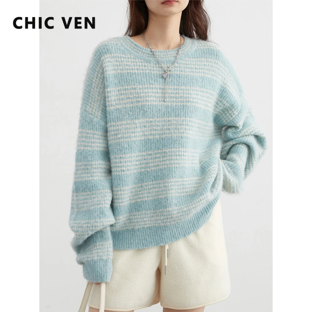 CHIC VEN Women's Sweaters Loose Long Sleeve New Round Neck Contrast Stripe Jumpers Warm Knit Female Top Winter Autumn 2023