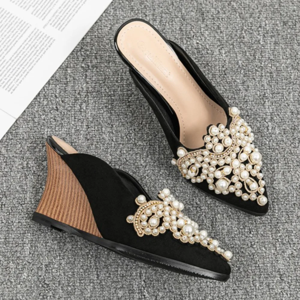 Wedge Heel Half Slippers Women's Slippers Outside Spring Summer New Pointed Pearl Bag Head Half To Muller Shoes Women Sandals