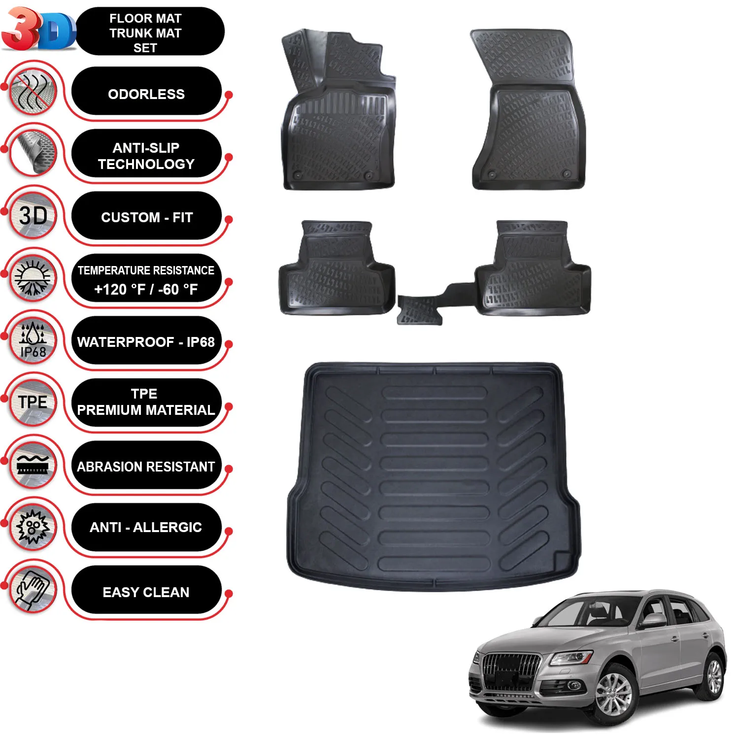 Audi Q5 - (2009-2017) - Floor Mats + Cargo Trunk Liner - SET - (Black)