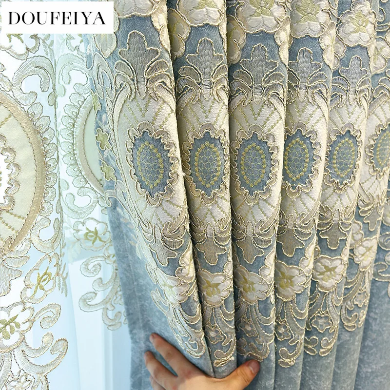 

European Embroidery Blue Luxury Curtains for Living Room Bedroom Dining Window Decor Chenille Jacquard Tulle Custom Blackout