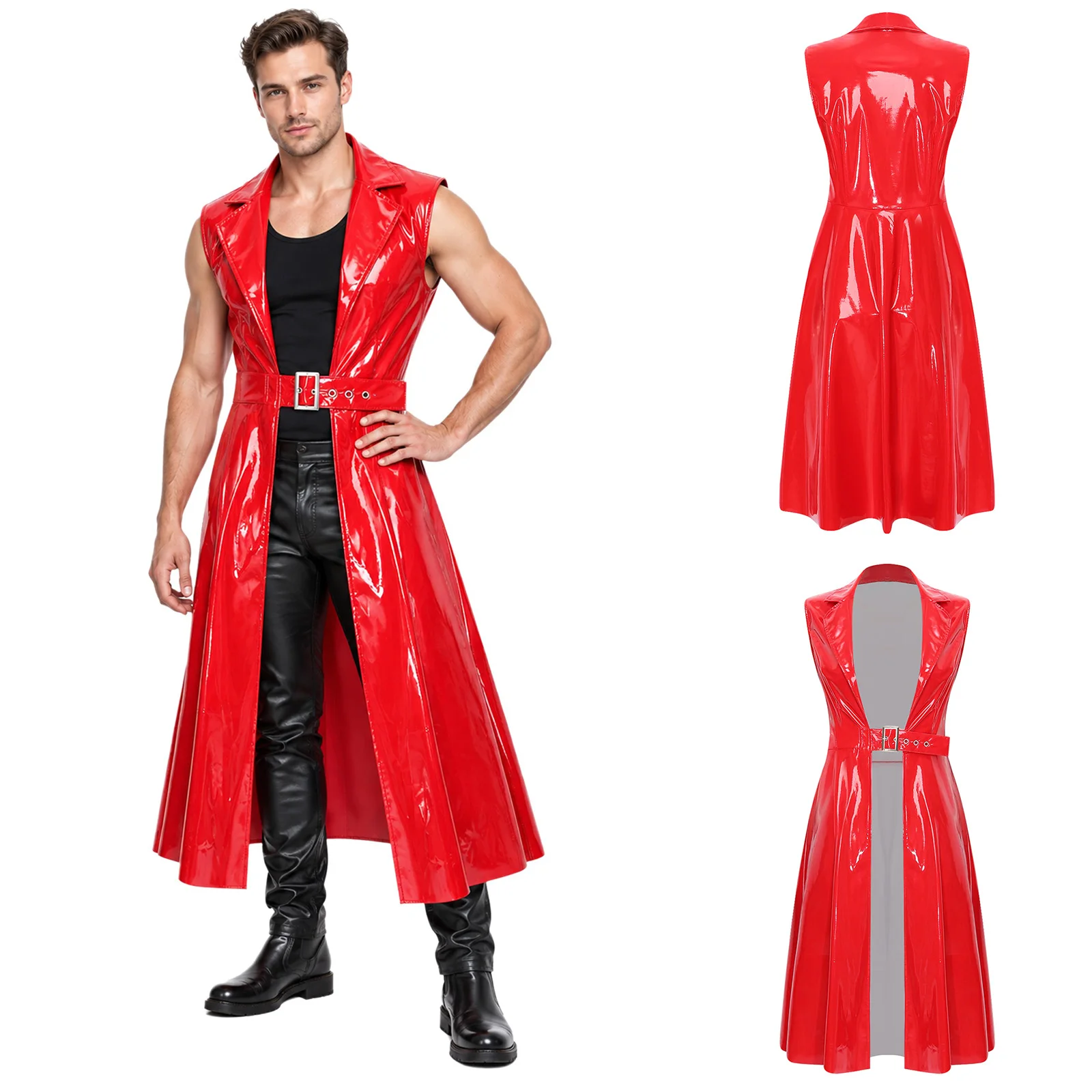 Women Men Glossy PU Punk Jacket Trench Clubwear Sleeveless Lapel Open Front Adjustable Buckle Coat Outerwear for Halloween Party