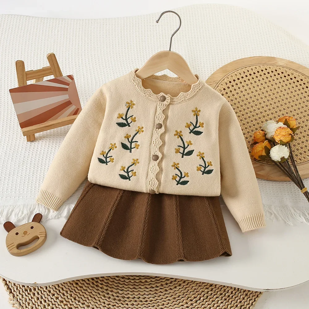 Korean-Style Toddler Girl Outfit Set – Embroidered Crew Neck Knit Top & Skirt 2-Piece, Soft Autumn Winter Coordinated Clothes